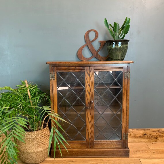 Rustic Small Vintage Bookcase Shelves Shelving Storage Oak Glazed Doors Cupboard
