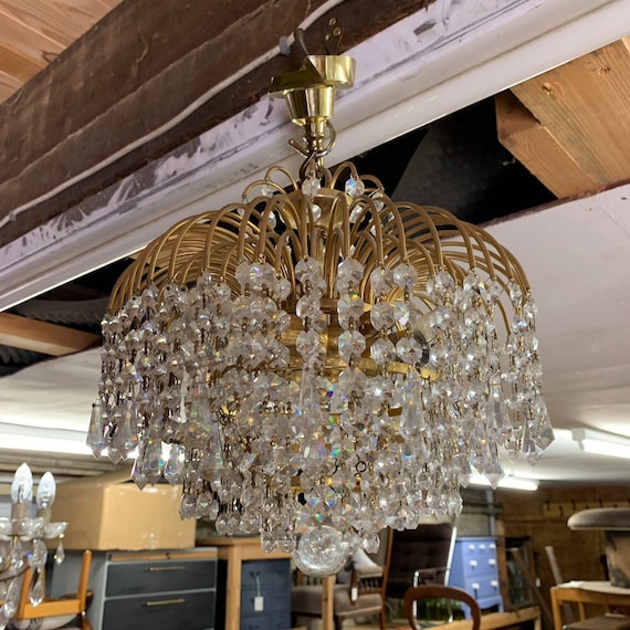 Vintage gilt metal & CRYSTAL CHANDELIER Waterfall Droplets Light Lighting