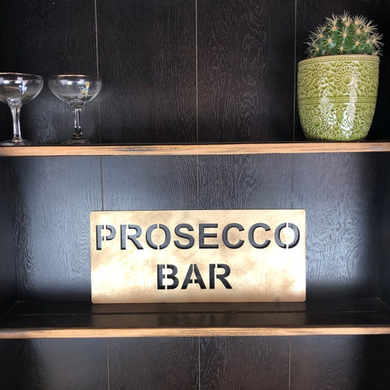 Gold PROSECCO BAR Plaque Word Sign Metal Shop Home Rustic Bar Cocktails Drinks Rum Gin Wine