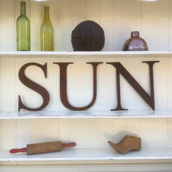 SUN Rusty metal word letters, shop home sign house name, lettering, rusted, industrial, vintage, numbers, pub, bbq