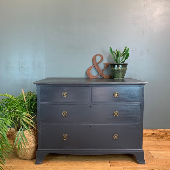 Vintage Upcycled Shabby Chic Chest Of Drawers Painted Dark Navy Blue Boho