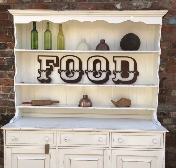 FOOD Rusty metal word letters, shop home sign house name, lettering, rusted, industrial, vintage, numbers, pub, bbq