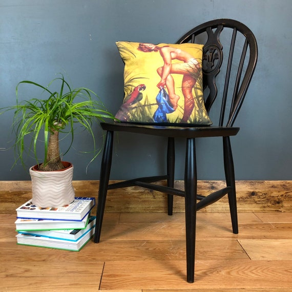 Vintage Upcycled Fleur De Lys Ercol Elm Beech Dining Chair Black Upcycled