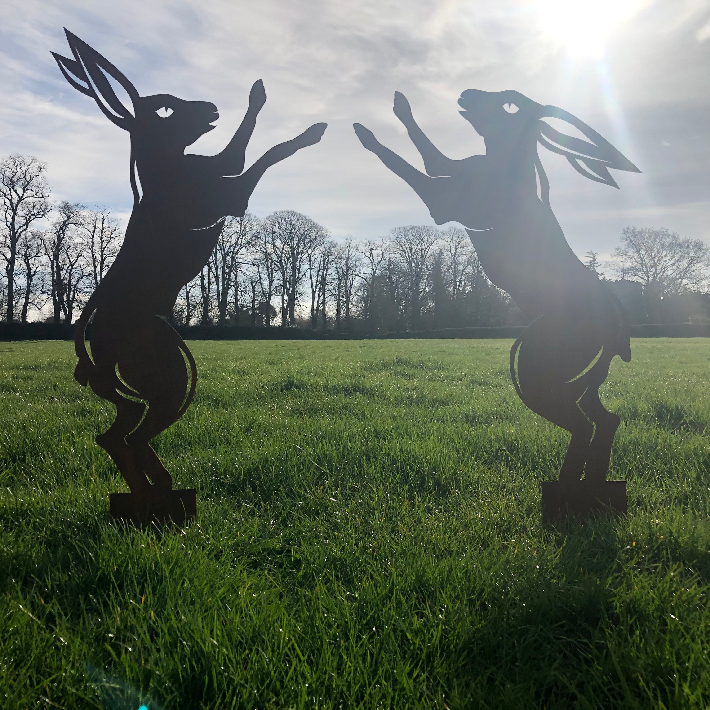 2 LARGE BOXING HARES , Rusty Metal Garden ornament ,garden Sign