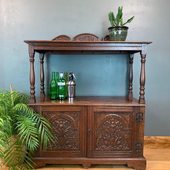 Antique Buffet Server Two Tier Rustic Oak Sideboard Cocktail Cupboard Cabinet