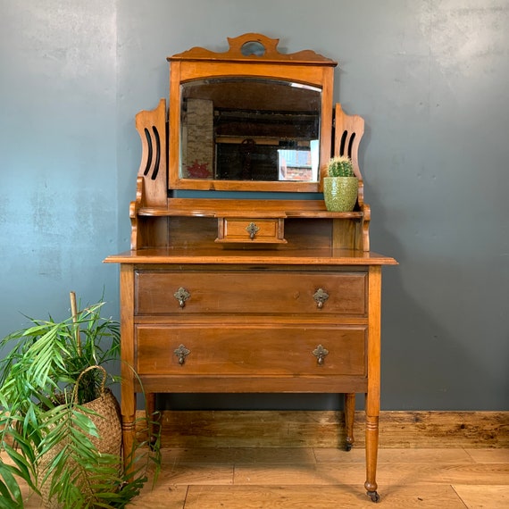 Vintage Dressing Table Chest Of Drawers Mirror Bedroom Dresser Storage Satinwood
