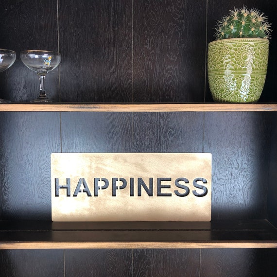 Gold HAPPINESS Plaque Word Sign Metal Home Rustic Bar Rum Gin Love Live Believe Happy