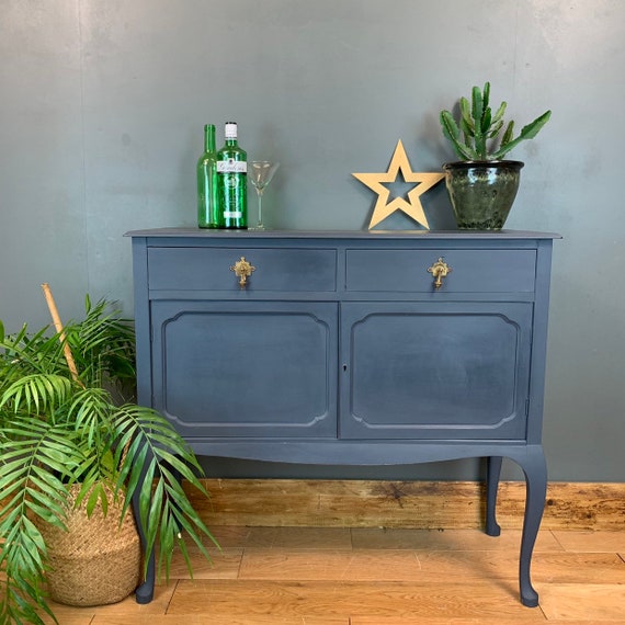 Vintage Cupboard Drawers Sideboard Painted Dark Blue Rustic Drinks Cabinet