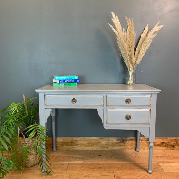Vintage Desk Dressing Table Sideboard Shabby Chic Rustic Painted Light Blue Grey