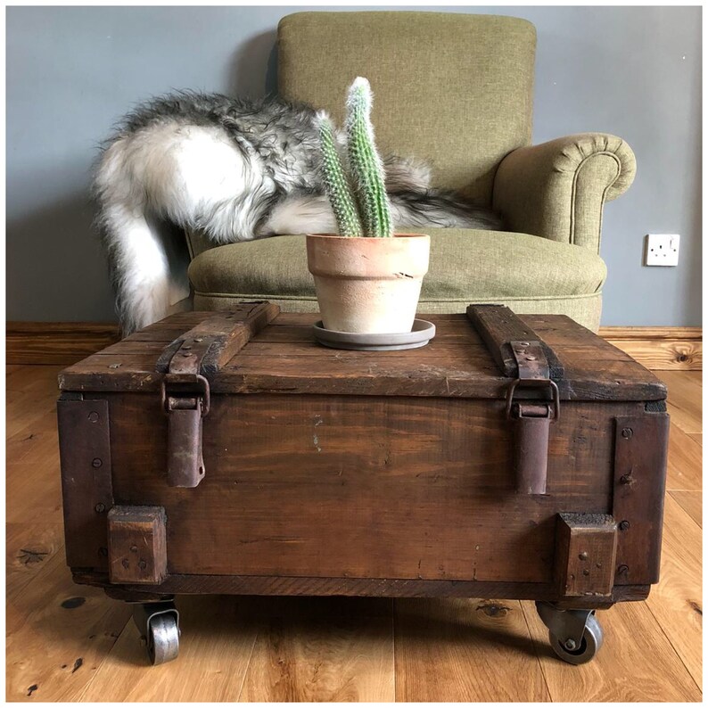 Rustic Coffee Table Storage Side Vintage Army Trunk On Wheels