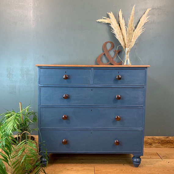 Vintage Chest Of Drawers Painted Blue Antique Bedroom Dresser Storage Mahogany