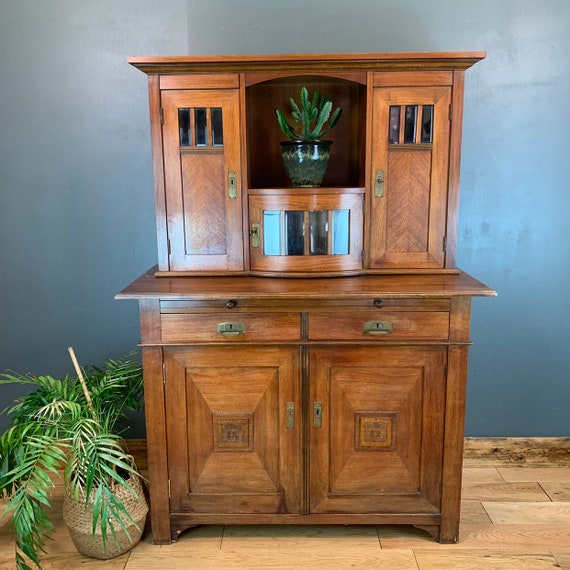 Antique Arts & Crafts Sideboard Bookcase Mahogany Dresser Cupboard Drawers