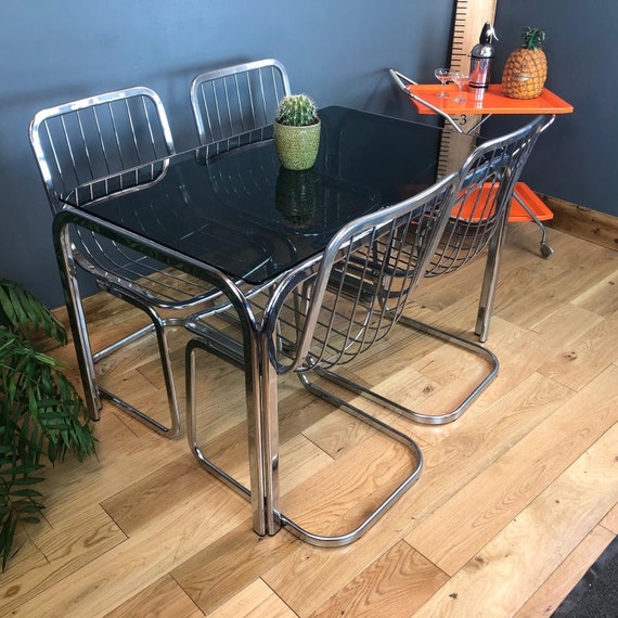 Retro Mid Century Vintage Smoked Glass Tubular Steel Table 4 Bent Chrome Chairs