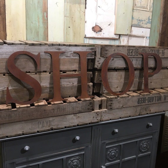 SHOP Rusty metal word letters, shop home sign house cafe, lettering, rusted, industrial, vintage, numbers, food drink