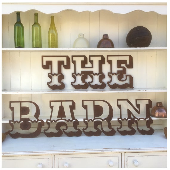 THE BARN Rusty metal word letters, shop home sign house name, lettering, rusted, industrial, vintage, numbers, pub, bbq