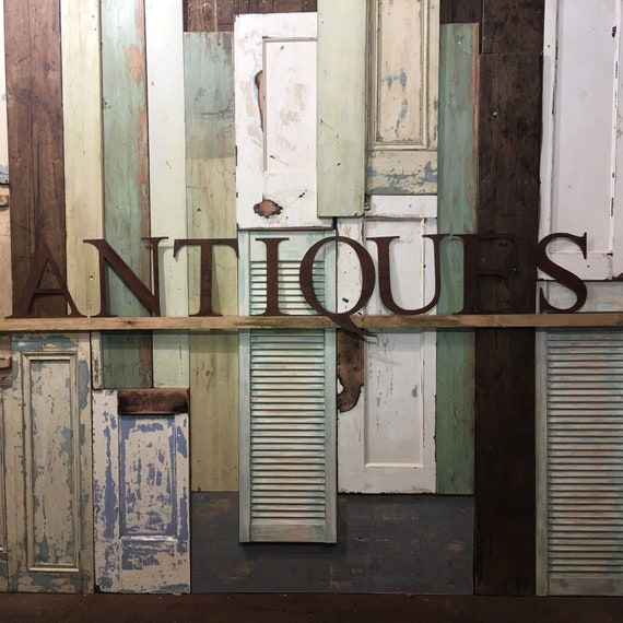 ANTIQUES Rusty metal word letters, shop home sign house cafe, lettering, rusted, industrial, vintage, numbers, food drink