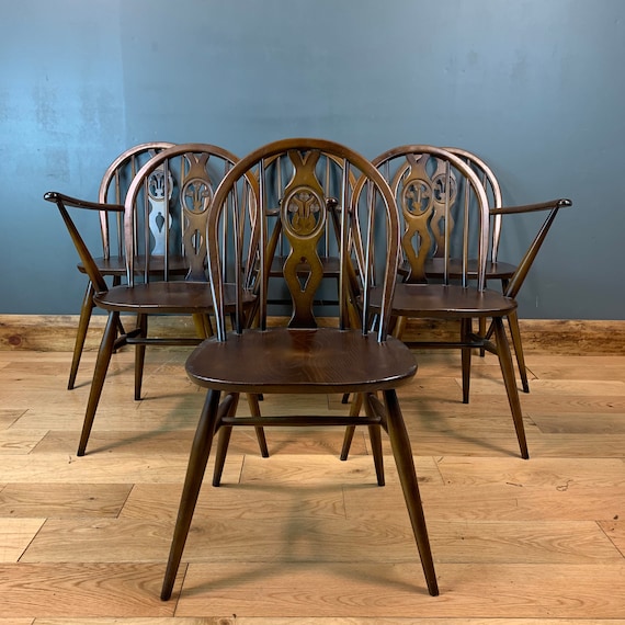 Set Of Six Mid Century Retro 1960 Chairs Ercol Fleur de Lys Seat Seating Dining