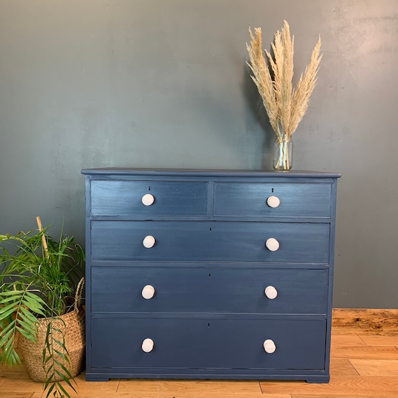 Vintage Upcycled Shabby Chic Oak Chest Of Drawers Painted Navy Blue Boho