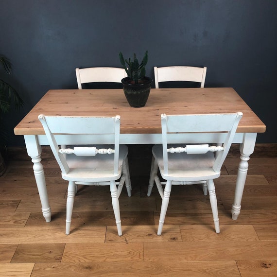 Rustic Rectangle Pine Table 4 Chairs Farmhouse KItchen Dining Shabby Chic
