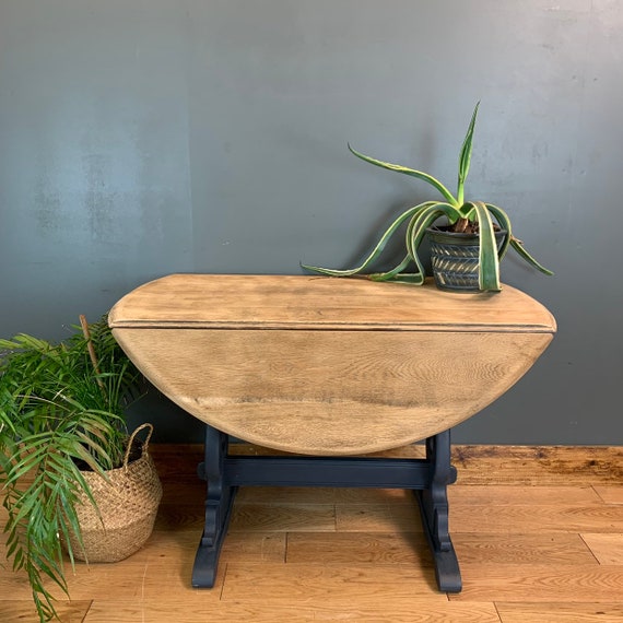 Vintage Retro Round Dining Table Drop Leaf Extending Sideboard Rustic Navy
