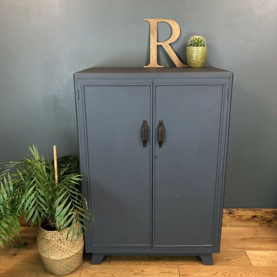 Vintage Painted Upcycled Wardrobe Cupboard Shelves Storage Distressed Blue/grey