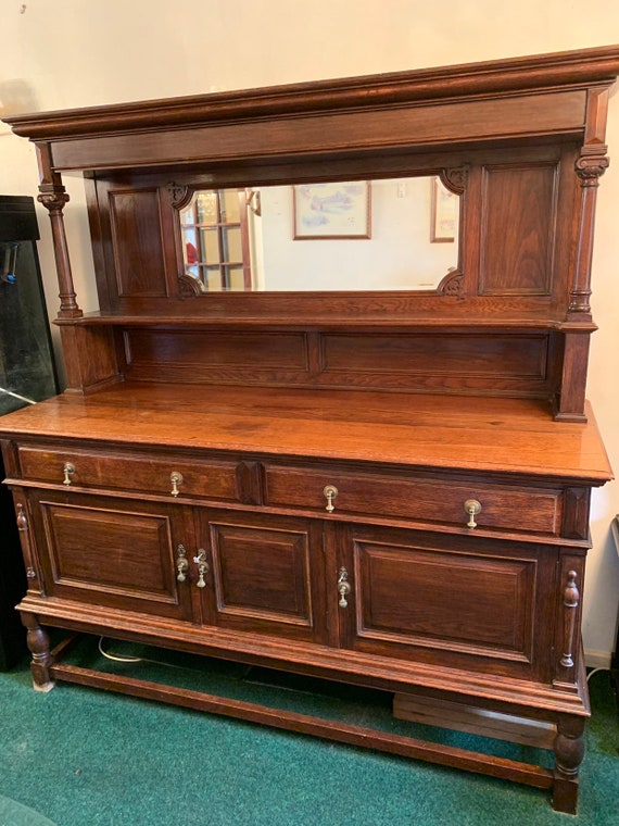 Large Antique Buffet Server Mirrored Oak Cabinet Cupboard Drawers Dresser