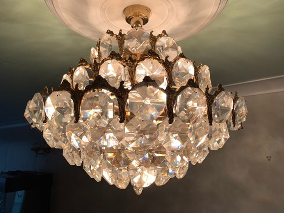 Vintage gilt metal & CRYSTAL CHANDELIER Rare Unusual Octagonal Light Lighting