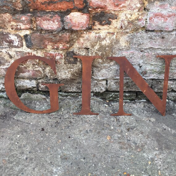 GIN Rusty metal word letters, shop home sign house name, lettering, rusted, industrial, vintage, numbers, pub, barbers