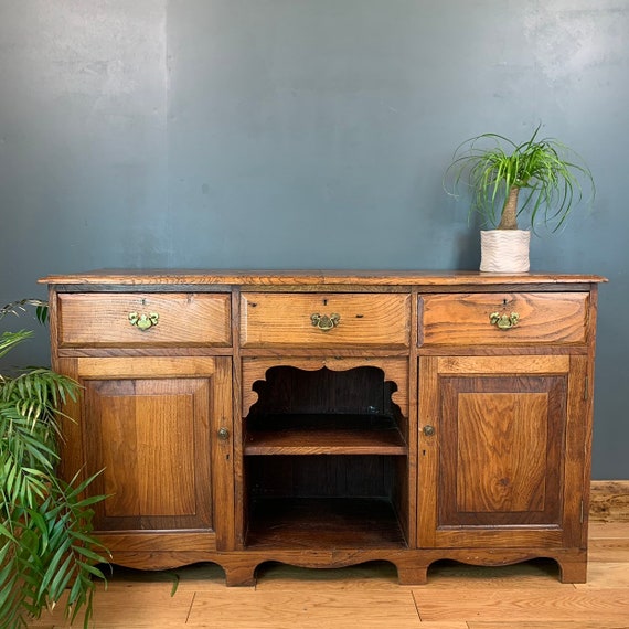 Rustic Antique Solid Oak Sideboard Display Cabinet Cupboard Drawers Very Heavy!