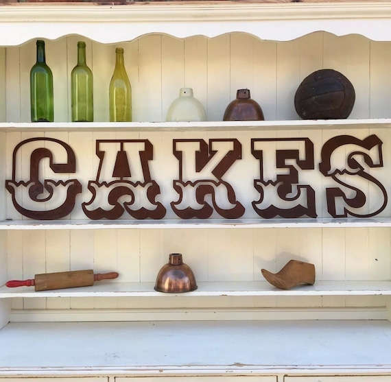 CAKES Rusty metal word letters, shop home sign house name, lettering, rusted, industrial, vintage, numbers, pub, bbq