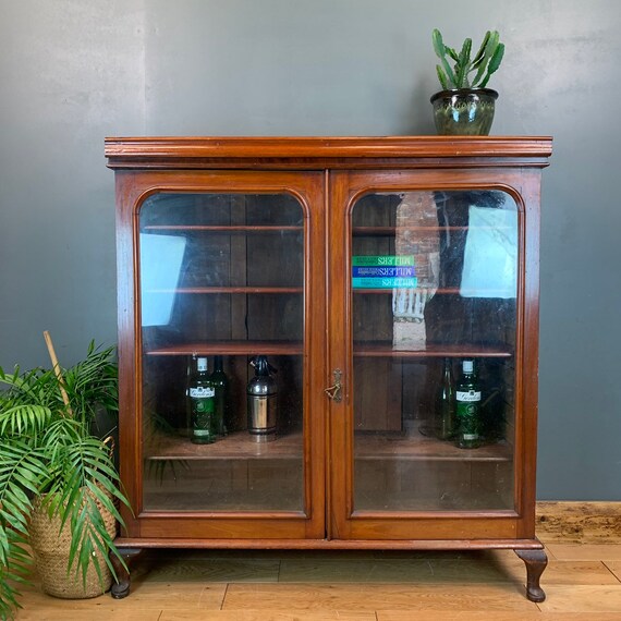 Rustic Vintage Bookcase Shelves Antique Storage Mahogany Glazed Doors Cupboard