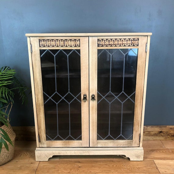 Rustic Vintage Bookcase Shelves Shelving Storage Oak Wooden Unit Glazed Doors