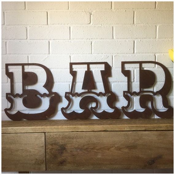BAR Rusty metal word letters, shop home sign house name, lettering, rusted, industrial, vintage, numbers, pub, bbq