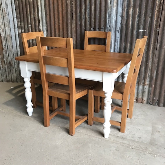 Beautiful Chunky Country Farmhouse Pine Kitchen Table And 4 Chairs Painted F&B