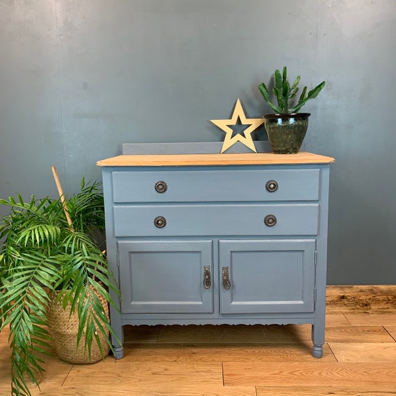 Vintage Cupboard Drawers Sideboard Painted Light Blue Grey Rustic Cabinet