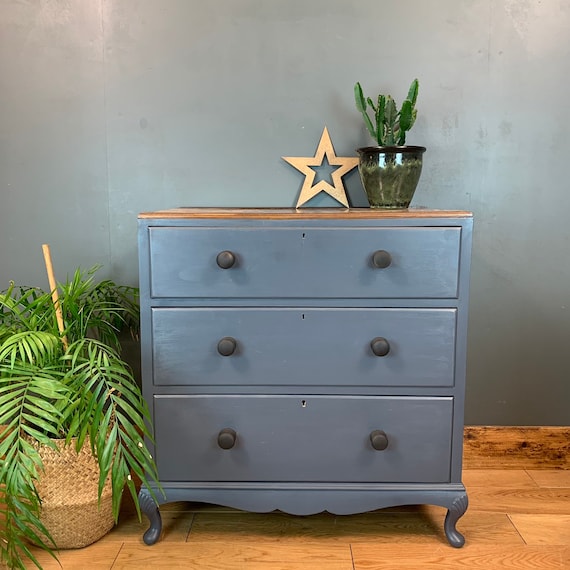 Vintage Upcycled Shabby Chic Chest Of Drawers Painted Light Blue Boho Walnut