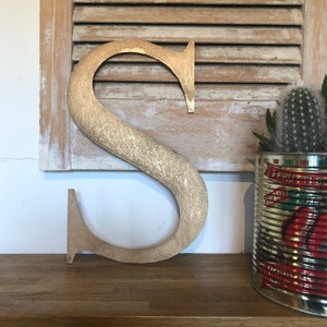 May include: A large, gold-painted wooden letter S. The letter is sitting on a wooden surface next to a tin can with a red and white label. The label has the text "I Frutti di Bosco" on it.