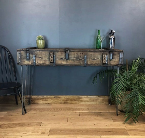 Vintage Wooden Trunk Chest Box Rustic Industrial Hallway Table Sideboard console