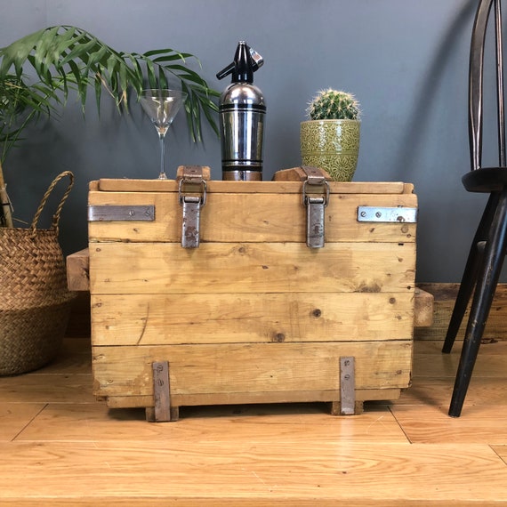 Vintage Reclaimed Pine Upcycled Wooden Trunk Chest Box Coffee Table Industrial Boho