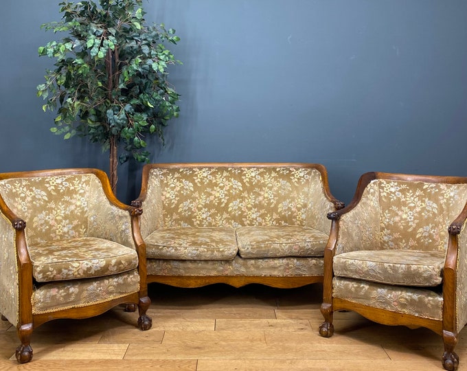 Antique Edwardian Sofa And Two Armchairs / Salon Suite / Antique Armchairs