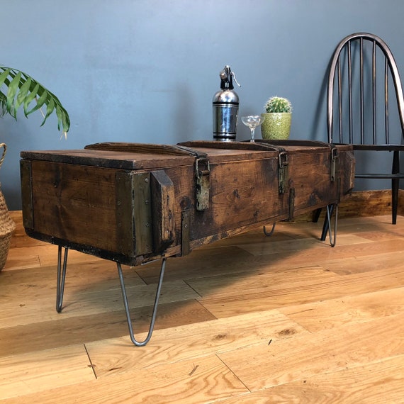 A Vintage wooden Trunk Chest box Rustic Industrial Coffee table Upcycled reclaimed