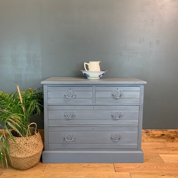 Vintage Upcycled Shabby Chic Chest Of Drawers Painted Light Blue Grey Boho