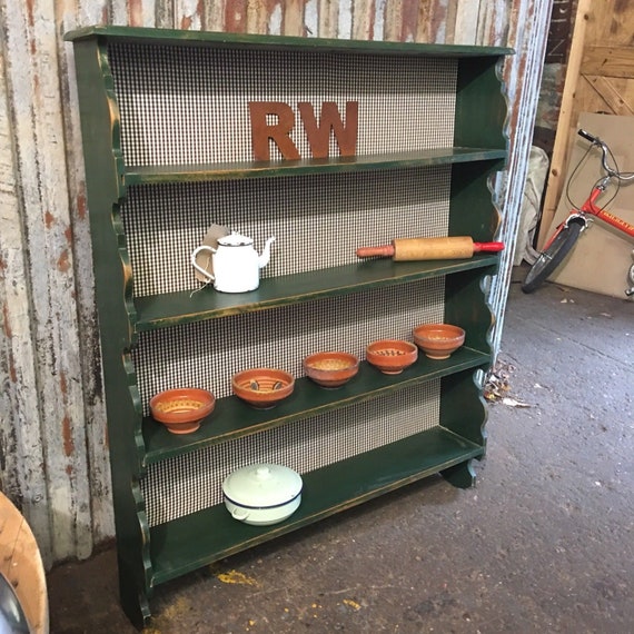Rustic Oak Painted Plate Rack Shelves Green Country Kitchen Farmhouse