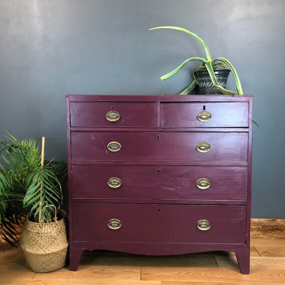 Vintage Pine Oak Upcycled Shabby Chic Chest Of Drawers Painted Brinjal F&B