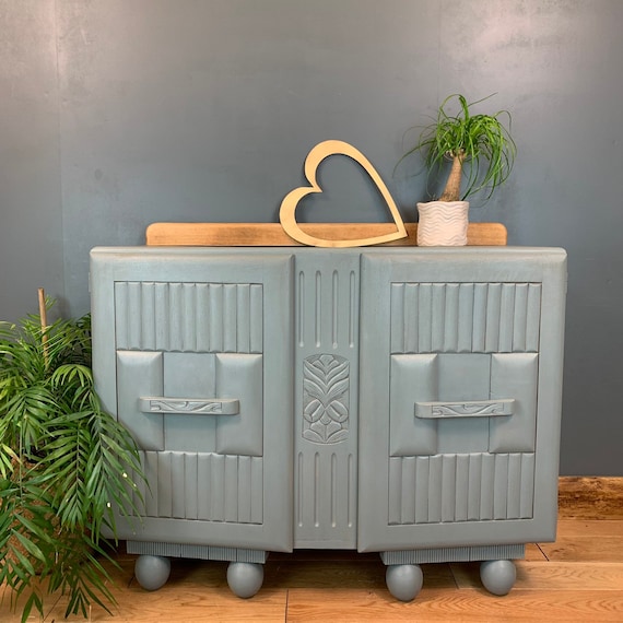 Shabby Chic Painted Art Deco Sideboard Drinks Cupboard Drawers Vintage Blue grey