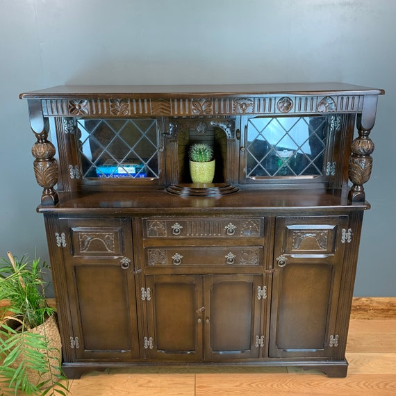 Vintage Oak Court Cupboard Bookcase Buffet Dresser Rustic Cocktail Cabinet
