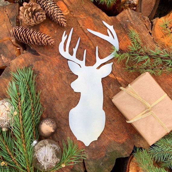 Rustic White STAGS HEAD Metal Christmas Decoration Antlers Sign Metal Shop Home