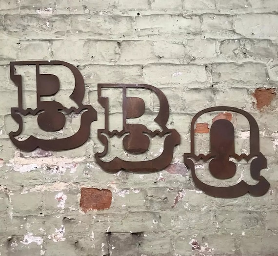 BBQ Rusty metal word letters, shop home sign house name, lettering, rusted, industrial, vintage, numbers, pub, bbq