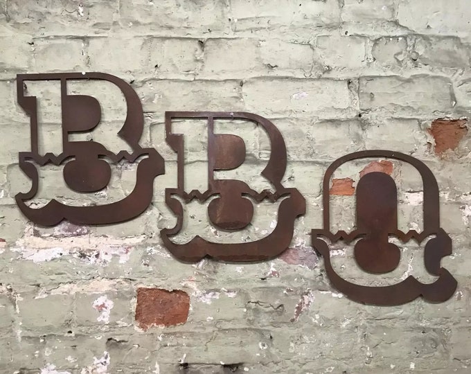 RUSTY METAL BBQ sign , rusty letters, shop front letters , home sign , house name, metal lettering , garden bar , party decoration