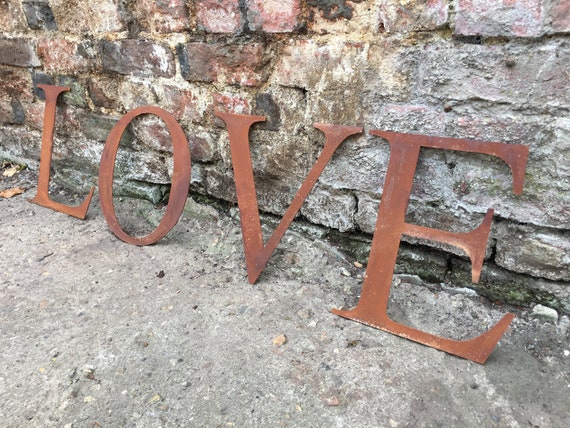 LOVE Rusty metal word letters, shop home sign house name, lettering, rusted, industrial, vintage, numbers, pub, barbers